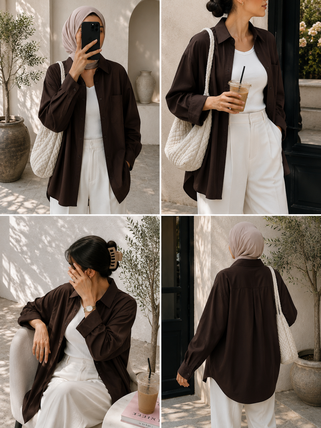 TRIO SET (CHOCOLATE BROWN BUTTON DOWN SHIRT WITH WHITE INNER AND WHITE FORMAL COTTON PANT)