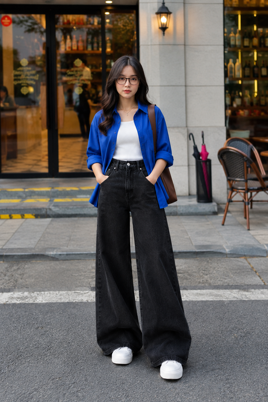 TRIO SET (ROYAL BLUE BUTTON DOWN SHIRT WITH WHITE INNER AND JET BLACK WIDE LEG JEANS)