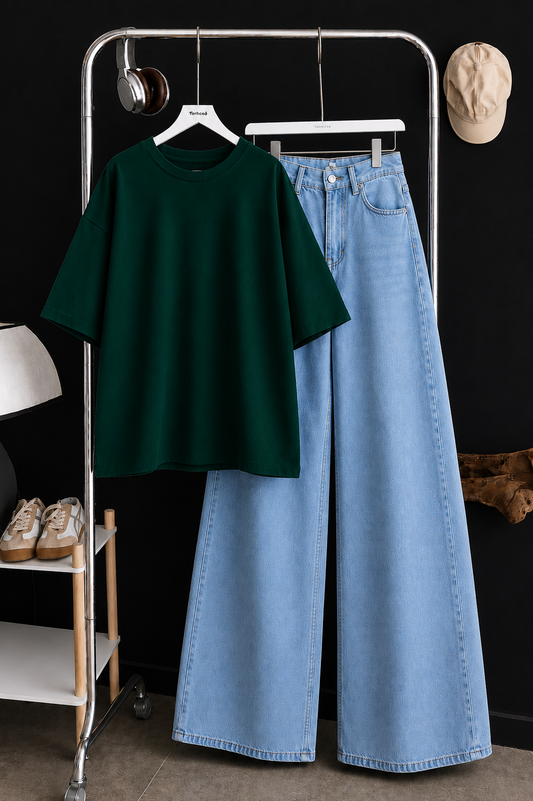 DUO SET (BOTTLE GREEN BAGGY TEE WITH ICE BLUE WIDE LEG JEANS)