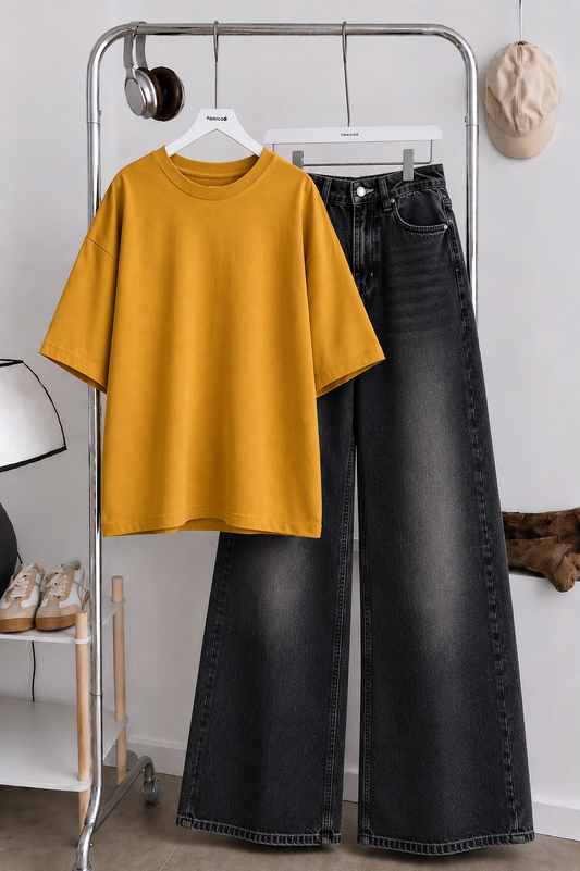 DUO SET (MUSTARD BAGGY TEE WITH MALAYSIAN BLACK FADED WIDE LEG JEANS)