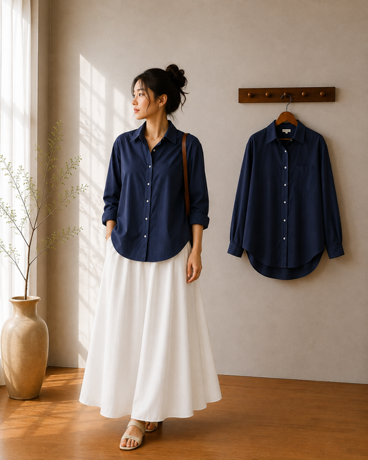 DUO SET (NAVY BLUE BUTTON DOWN SHIRT WITH WHITE FLOWY MAXI SKIRT)