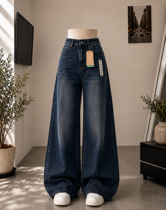 DARK BLUE FADED WIDE LEG BAGGY JEANS