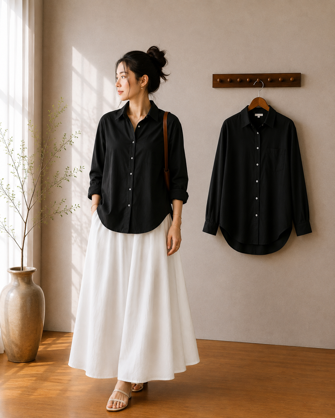 DUO SET (BLACK BUTTON DOWN SHIRT WITH WHITE FLOWY MAXI SKIRT)